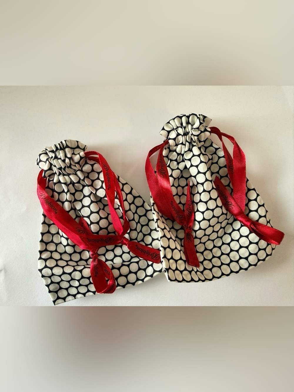 Brighton Black & White Polka Dot Drawstring Gift Pouch with Red Ribbon set of 2